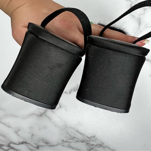 Vintage Enzo Angiolini Fuzzy Pom Pom Black Chunky Slingback Heels Size 8 - Picture 6 of 9